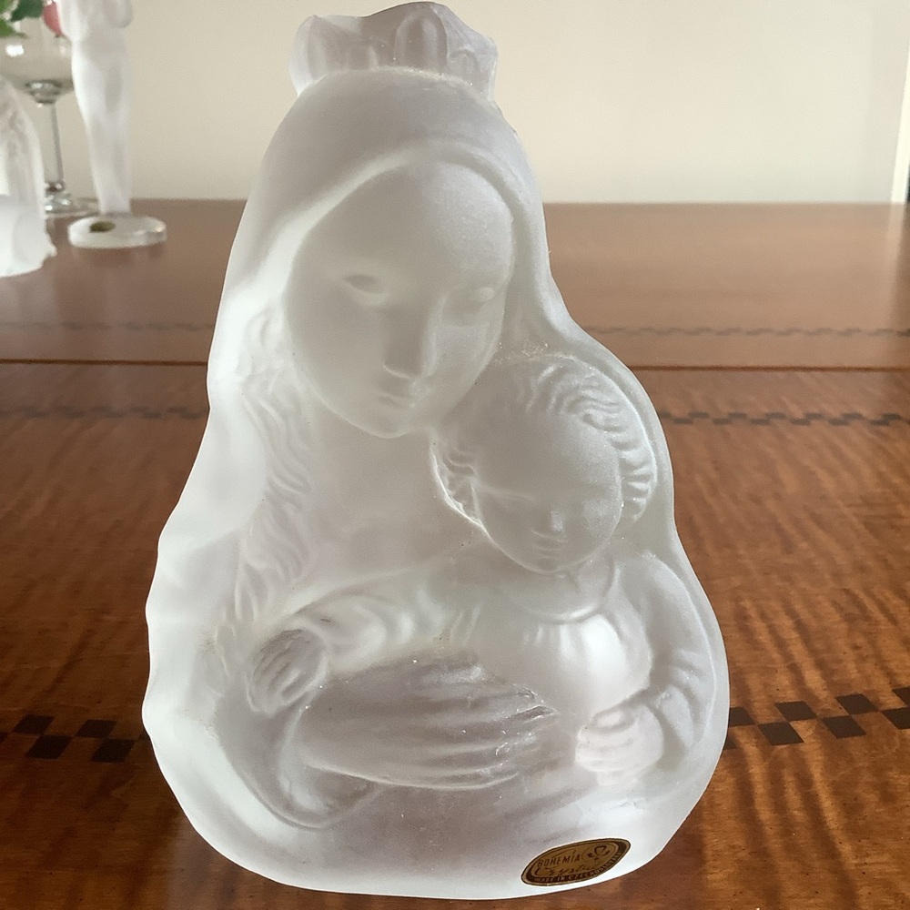 Vintage Bohemia Crystal Czechoslovakia Frosted Glass Madonna and Child Sculpture